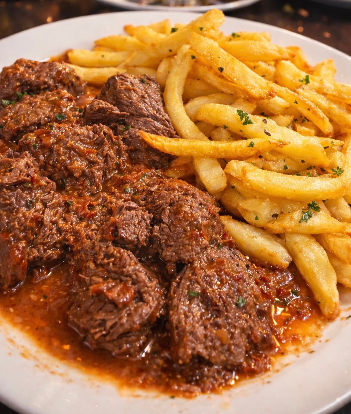 Carne gobernada con patatas fritas