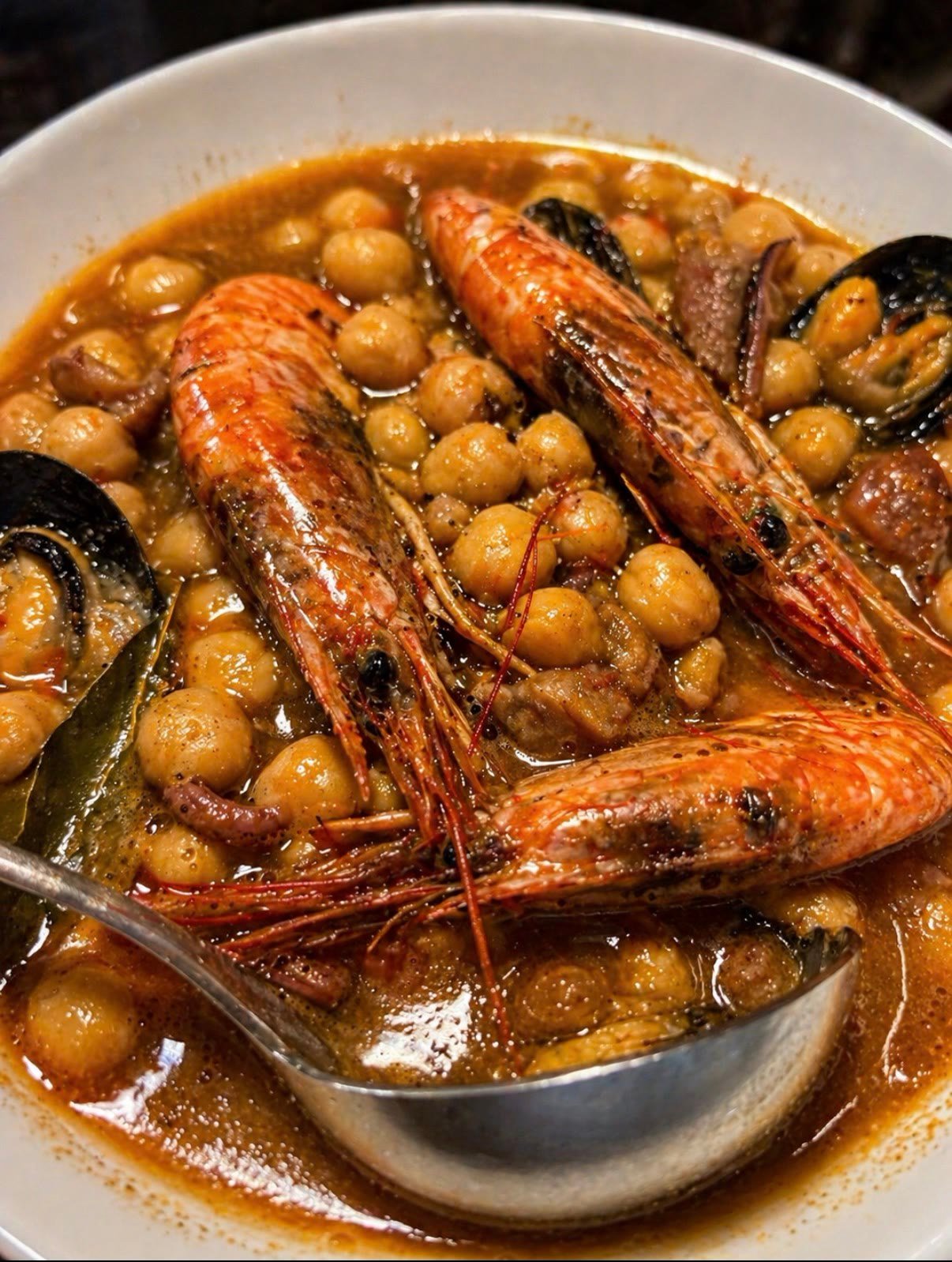 Garbanzos con langostinos y marisco en cazuela