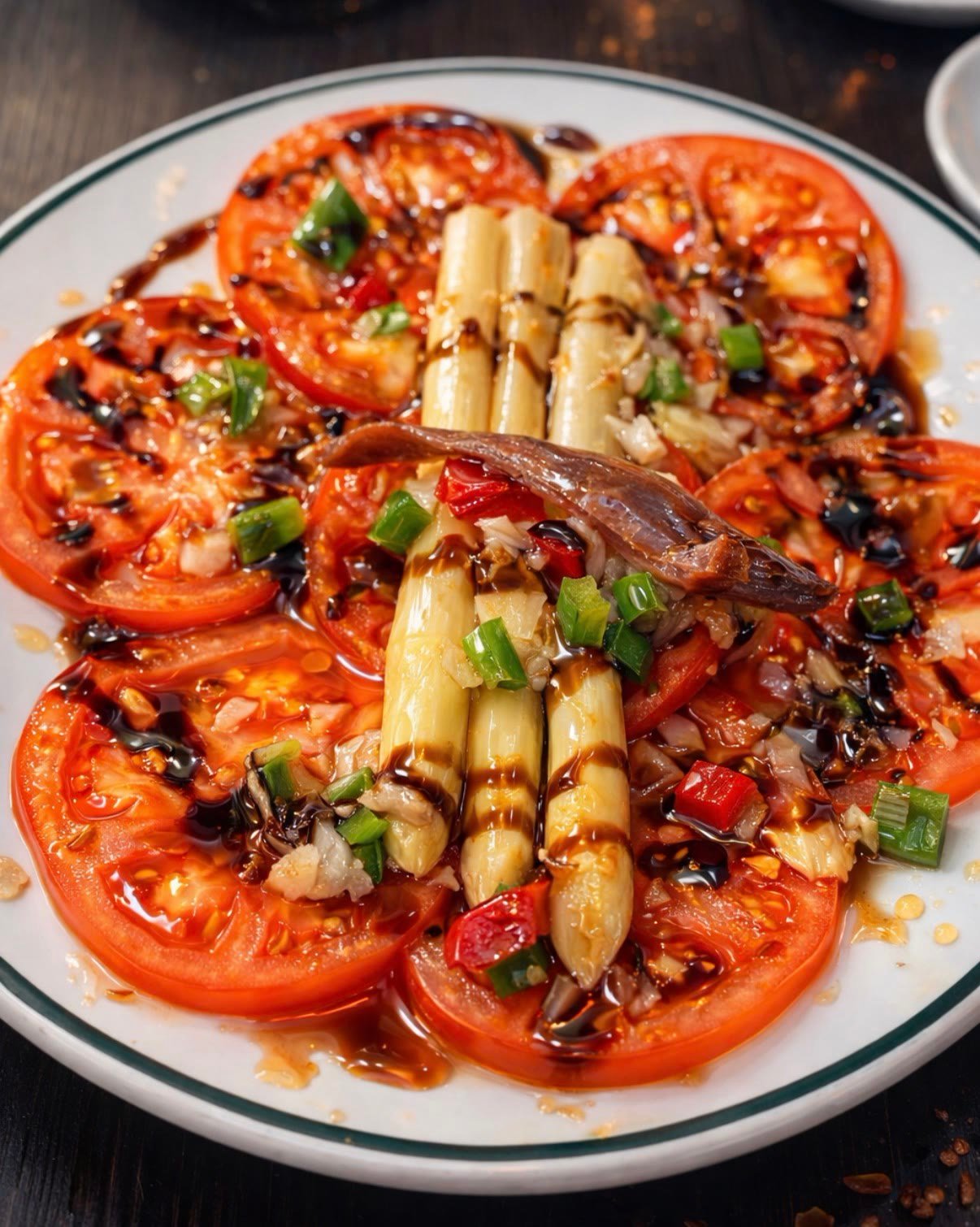 Tomate aliñado con espárragos, anchoa y vinagreta