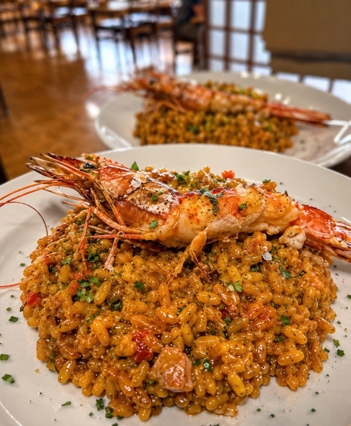 Arroz meloso de marisco con gambón a la plancha