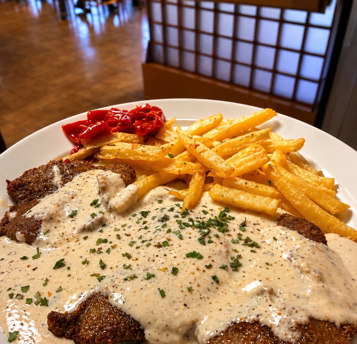 Escalopines al queso Cabrales con patatas