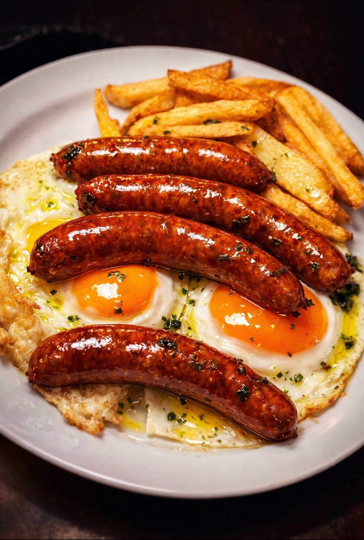 Huevos revueltos con patatas y salchichas para el desayuno
