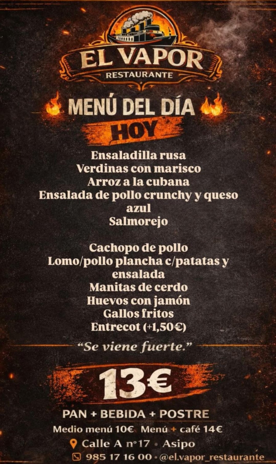 Cartel pizarra original de El Vapor con el menú del día