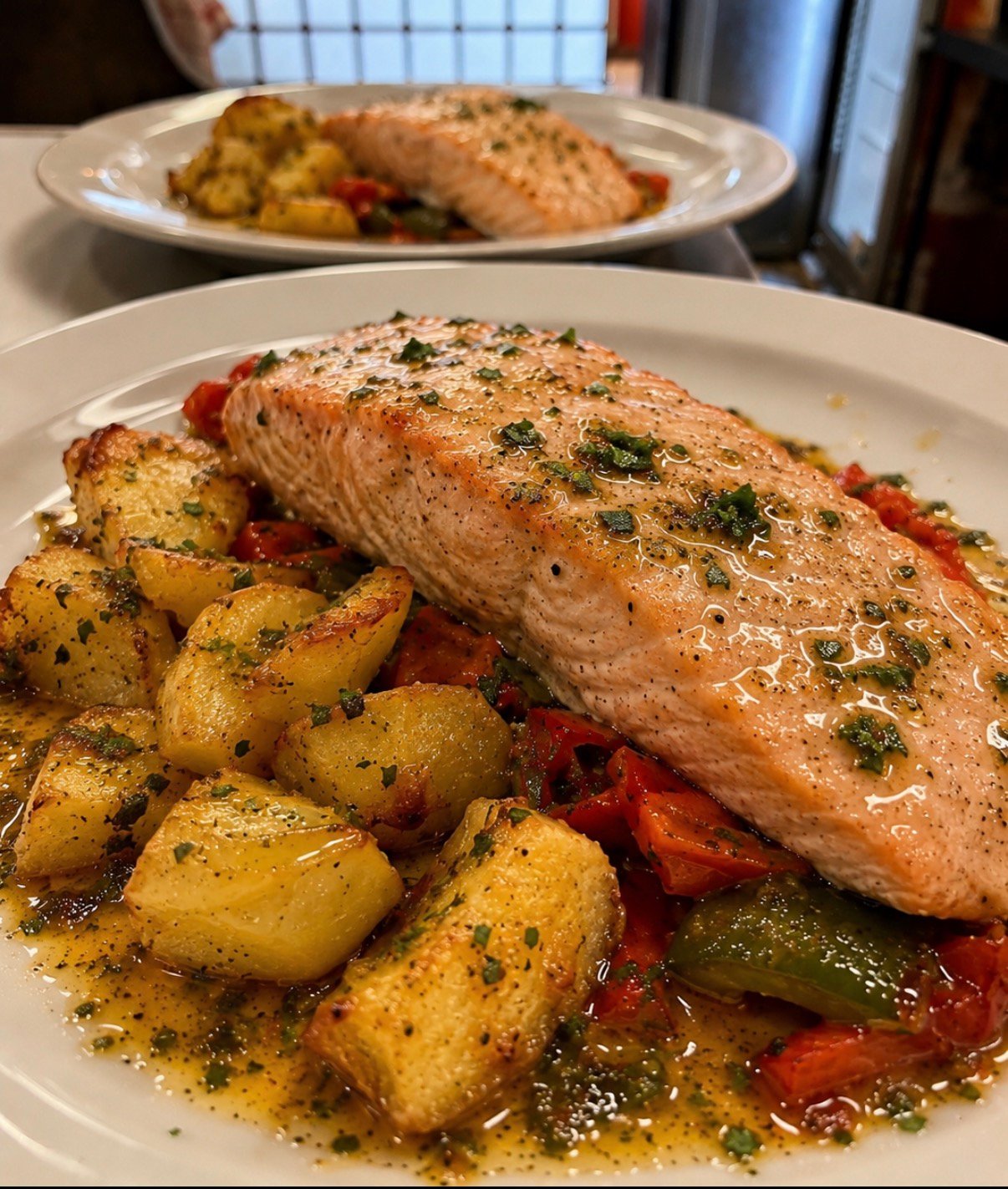 Salmón a la plancha sobre patatas panaderas