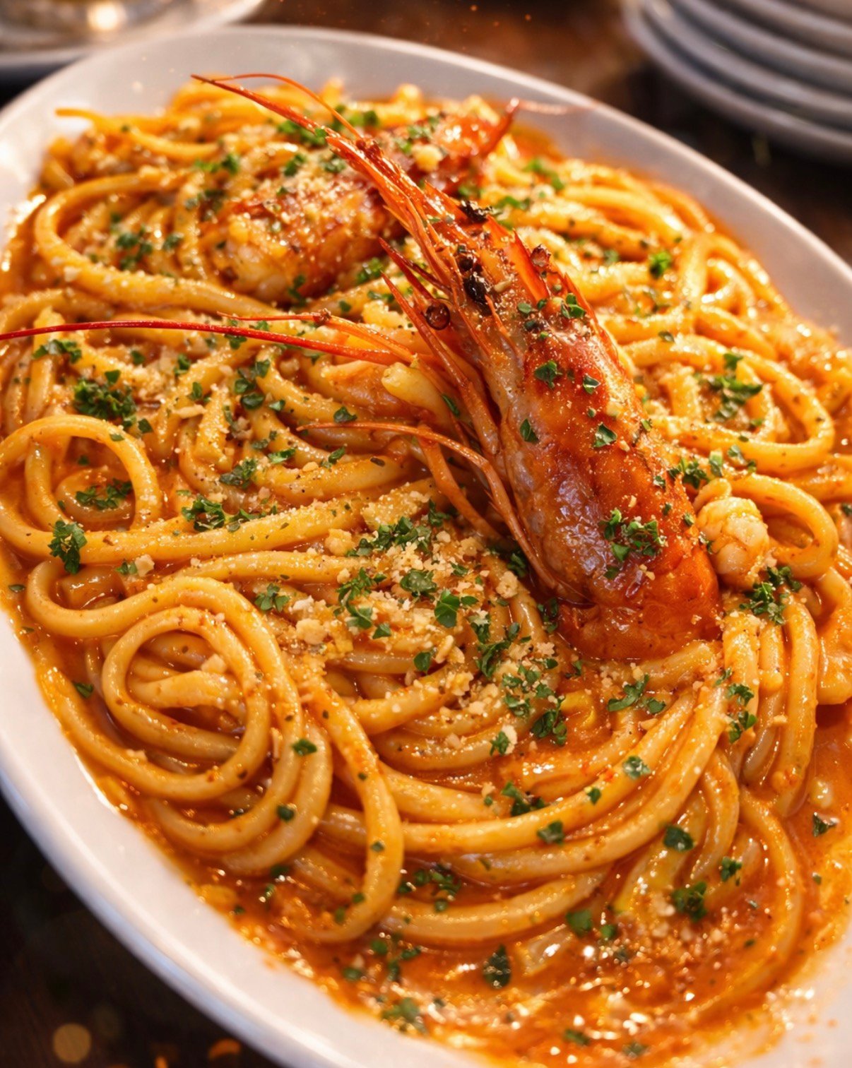 Tallarines al ajillo con salsa de gambas